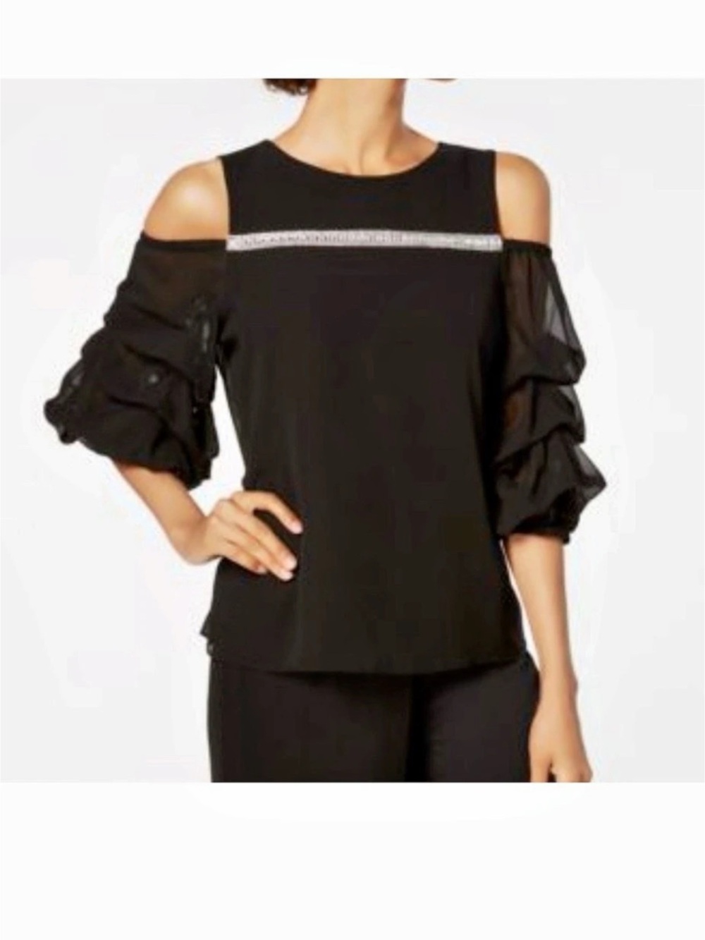 ROZ & ALI Black Embellished Cold Shoulder Blouse Size Large Like New
